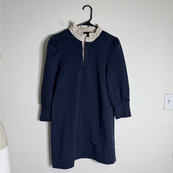 Pomander Place Tuckernuck Charlotte Terry Shirt Dress Navy/Cream Ruffle Collar - Picture 3 of 9